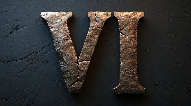 Roman Numeral VI Crafted in Stone Dark and Textured Design. close-up