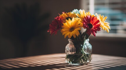 Colorful flowers in a glass jar on a wooden table.