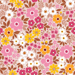 Seamless floral pattern, liberty ditsy print with cute summer meadow flowers. Pretty botanical design for textile, paper. Small hand drawn flowers, tiny leaves on a beige background. Stock vector   © ann_and_pen