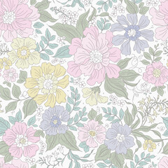 Fototapeta premium Beautiful floral pattern in small vintage flowers. Small pink, lilac and yellow flowers. White background. Hand drawn cute ditsy print. Floral seamless background. Liberty template for fashion prints 