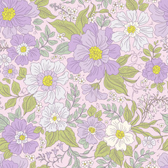 Vector romantic liberty floral seamless pattern. Flowers field floral pattern in soft and natural colors lilac and white. Beautiful digital textile seamless floral, rose pink background. Stock print  © ann_and_pen