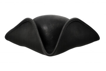 Classic black tricorn hat on transparent background, evoking images of pirates, historical figures, and maritime adventures