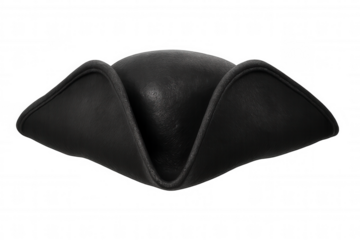 Classic black tricorn hat on transparent background, evoking images of pirates, historical figures, and maritime adventures