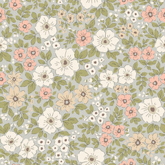 Vintage seamless floral pattern. Liberty style background of small pastel colorful flowers. Small flowers scattered over a retro khaki background. Stock vector for printing on surfaces. Ditsy flowers.