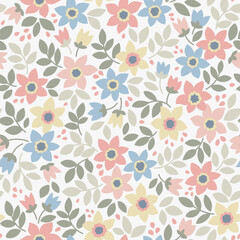 Vintage seamless floral pattern. Ditsy style background of small pastel nature flowers. Small blooming daisy flowers scattered over a white background. Stock vector for printing on surfaces. Print 
