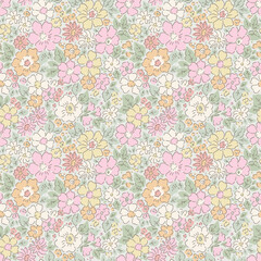 Cute floral pattern in small flowers. Small pastel natural color hand drawn flowers. Gray background. Ditsy print. Floral seamless background. Liberty template with flowers for fashion prints. Stock  © ann_and_pen