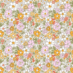 Beautiful floral pattern in small flowers. Small pastel pink, yellow and white flowers. White cream background. Ditsy print. Floral seamless background. Liberty template for fashion prints. Stock 
