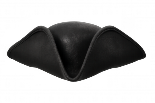 Classic black tricorn hat on transparent background, evoking images of pirates, historical figures, and maritime adventures