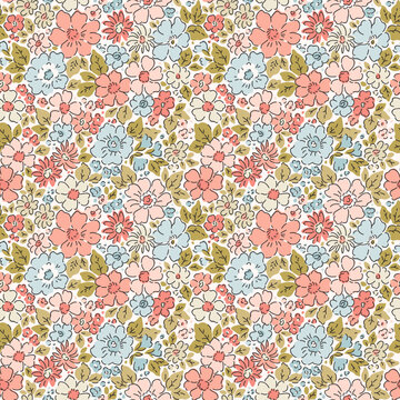 Vintage seamless floral pattern. Ditsy style background of small flowers. Small blooming blue and colar flowers scattered over a ivory background. Stock vector liberty floral print with vintage design