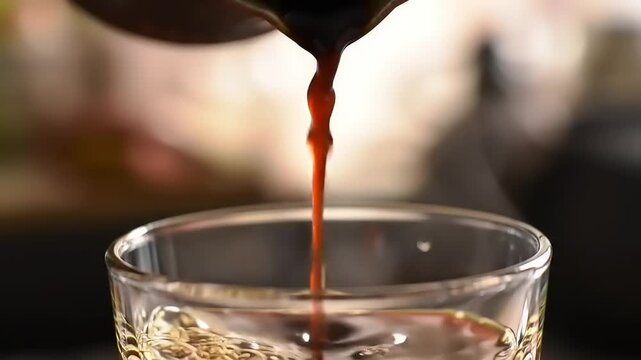 Pouring dark coffee with closeup.