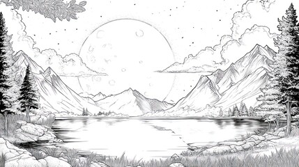 A serene monochrome landscape depicting mountains, lake, trees, clouds, and a large moon