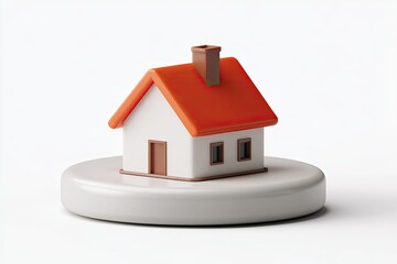 Miniature house icon on a circular plinth, rendered in a simple style with a light orange roof, white walls, and a brown chimney