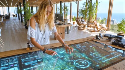 Woman working on large touchscreen display, overlooking ocean, displaying innovative digital workplace technology and contemporary design - Powered by Adobe