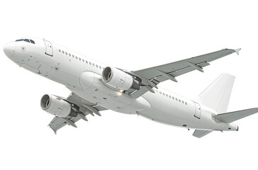 Obraz premium Realistic photograph of a complete Airbus A320 airplane in flight, with a solid stark white background and focused lighting. (2)