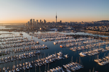 Sunset aerial panorama of Auckland marina and city skyline © New Zealand