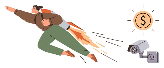 Person using jetpack flying dynamically towards dollar coin symbolizing financial goals, while observed by a security camera. Ideal for innovation, ambition, financial growth, technology, motivation