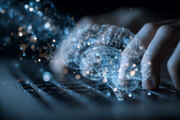 Illuminated neural network brain with glowing particles hovers over a keyboard as fingers type, symbolizing AI and digital innovation.
