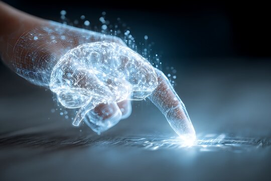 Unlock revolutionary insights by touching the future of artificial intelligence and neural network technology with a glowing digital brain interface