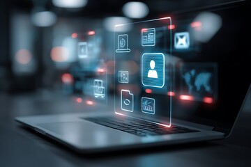 Dynamic digital interface showcasing user profiles, data charts, and global connectivity projected from a modern laptop screen