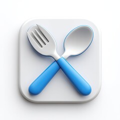 Fototapeta premium Square icon, white background, crossed fork and spoon, blue handles