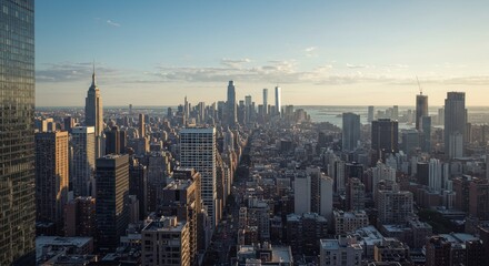 Obraz premium New York City skyline at sunset with Empire State Building and One World Trade Center