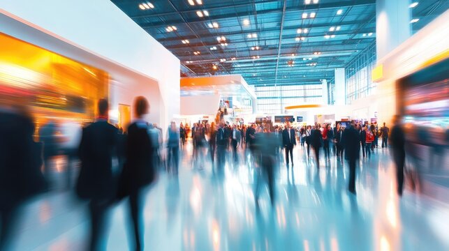 Dynamic Gathering: A bustling exhibition space teems with people, showcasing the dynamic flow of commerce and innovation within a modern architectural setting.