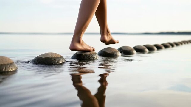 Female Latin Legs Walking on a Row of Stones in Water