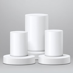 Three white cylindrical podiums, increasing in size, on a light gray background