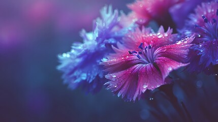 Obraz premium Close-up of vibrant purple and pink flowers with water droplets.