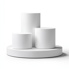 Three white cylindrical podiums on a larger circular base, isolated on white