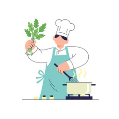 Confident chef preparing delicious meal with fresh herbs and simmering pot, culinary artistry in action, food preparation with skill and passion, vector illustration