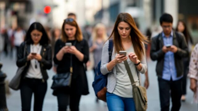 People in a City Street Looking at Their Smartphones