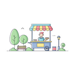 Charming vendor selling delicious hotdogs from his mobile cart in a vibrant park setting, perfect for summer festivals, outdoor events, and community gatherings, ideal for marketing