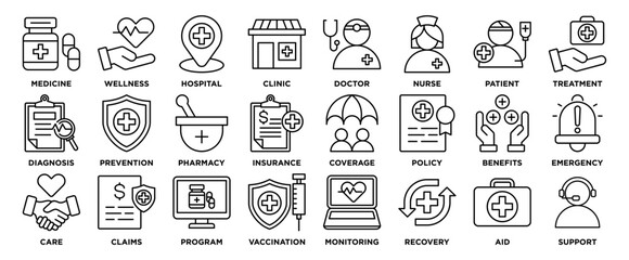 Healthcare Contains medicine, wellness, hospital, clinic, doctor, nurse, patient, treatment, diagnosis, therapy outline icons, which are easy to edit.