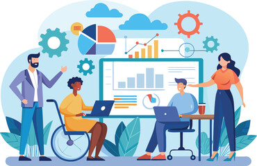 Business team meeting with data analysis, charts, and graphs for strategy and planning