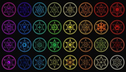 Colorful, intricate geometric symbols arranged in grid pattern