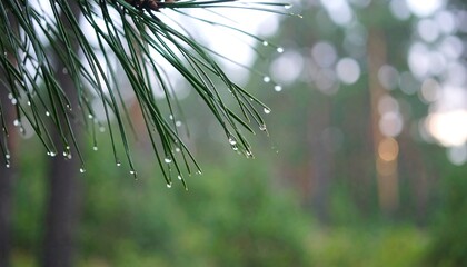 Dew-kissed pine needles in a forest