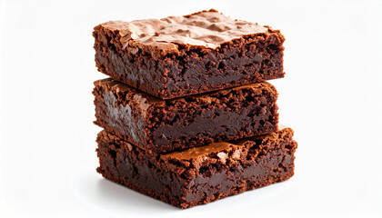 A stack of chocolate brownies on white background