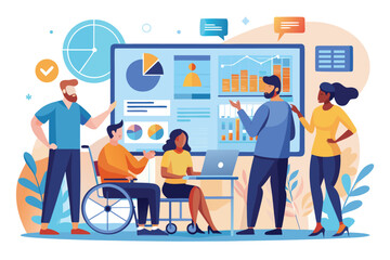 Diverse business team collaborating on data analysis and strategic planning, isolated on white background