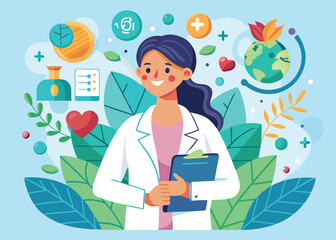A female doctor with a clipboard surrounded by health and wellness symbols illustration