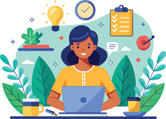 Freelancer woman working on laptop at home office with idea, clock, and target icons