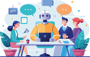 A robot is leading a business meeting with his team, discussing strategy and innovation in the office