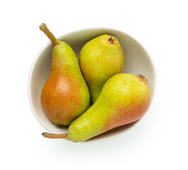 Fresh red and green pears isolated on white, top view