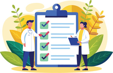 Doctors reviewing a medical checklist, representing healthcare, diagnosis, and patient care