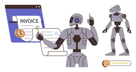 Futuristic robots interacting with electronic invoices, currency elements, and a search bar. Ideal for finance automation, robotics, artificial intelligence, fintech, digital workflows, data