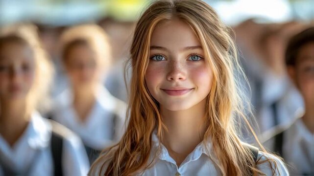 Portrait of a smiling preteen girl with freckles and long blonde hair, wearing a white shirt, with other children blurred in the background