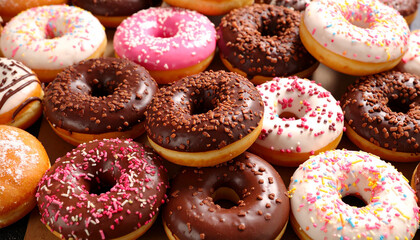 assorted donuts with chocolate frosted, pink glazed and sprinkles donuts.