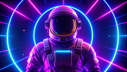 Astronaut surrounded by flashing neon lights.