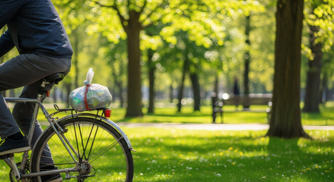 Man riding a bicycle through a sunny park with lush greenery - Powered by Adobe