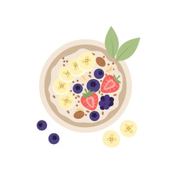 Energizing breakfast bowl with fresh fruit, banana slices, juicy strawberries, and plump blueberries promises a delicious and healthy start to your day, a delightful vegan treat